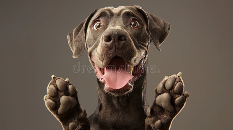 Giocatore Cane Di Weimaraner Riesce A Alzare La Gente Di Happy Expression Studio Shot. Un affascinante studio girato da un cane di Weimaraner che solleva scherzosamente le zampe con un'espressione gioiosa L'immagine mostra i cani caratteristiche decorabili con uno sfondo neutro Ideale per progetti correlati a petizioni o siti web generati da AI.