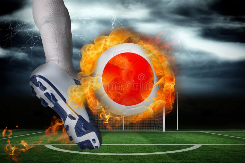Giocatore di football americano che dà dei calci alla palla della bandiera fiammeggiare Giappone illustrazione di stock Giocatore di football americano che dà dei calci alla palla della bandiera fiammeggiare Giappone illustrazione di stock