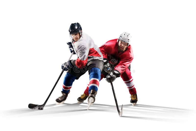 Giocatore di hockey professionale che pattina sul ghiaccio Isolato nel bianco