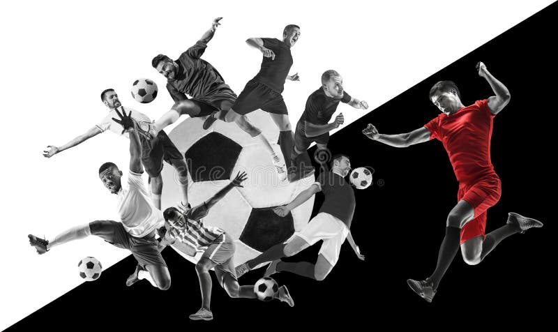 Giocatori di football americano maschii nell'azione, collage in bianco e nero creativo immagini stock libere da diritti Giocatori di football americano maschii nell'azione, collage in bianco e nero creativo immagini stock libere da diritti