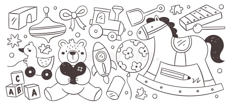 Giocattoli per bambini giochi per la festa dei bambini cartoline augurali stampe di pallottole di linee tracciate isolate royalty illustrazione gratis