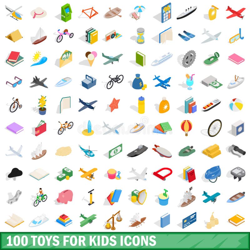 100 giocattoli per le icone dei bambini hanno messo, stile isometrico 3d illustrazione vettoriale 100 giocattoli per le icone dei bambini hanno messo, stile isometrico 3d illustrazione vettoriale