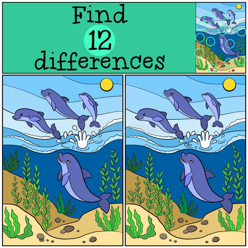 Giochi dei bambini: Differenze del ritrovamento Gruppo di piccoli delfini svegli
