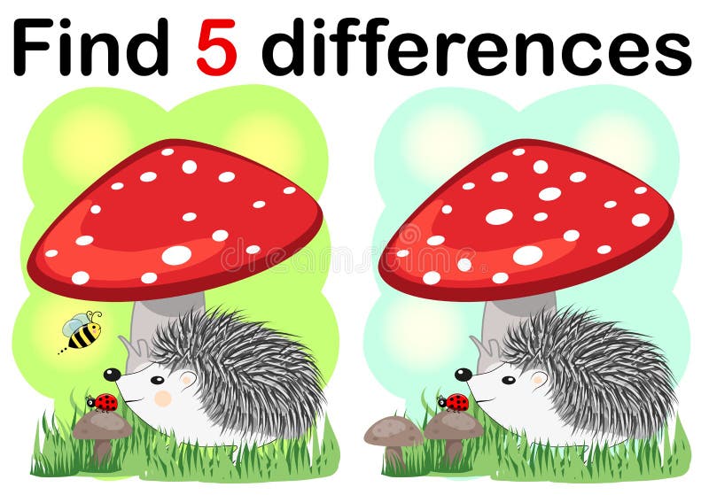 Giochi dei bambini: Differenze del ritrovamento Piccolo istrice sveglio con i funghi illustrazione di stock Giochi dei bambini: Differenze del ritrovamento Piccolo istrice sveglio con i funghi illustrazione di stock
