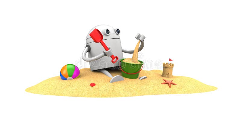 Giochi del robot nella sabbia con i giocattoli royalty illustrazione gratis Giochi del robot nella sabbia con i giocattoli royalty illustrazione gratis