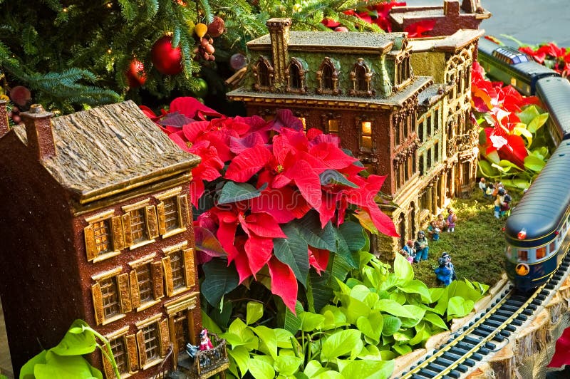 Houses and a train in a toy village in a forest of red poinsettias with Christmas tree decorations in the background at the National Botanical Gardens, Washington, DC. Houses and a train in a toy village in a forest of red poinsettias with Christmas tree decorations in the background at the National Botanical Gardens, Washington, DC