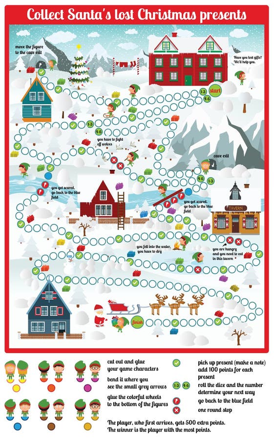 Gioco da tavolo (raccolga i regali di Natale persi di Santa) illustrazione di stock Gioco da tavolo (raccolga i regali di Natale persi di Santa) illustrazione di stock
