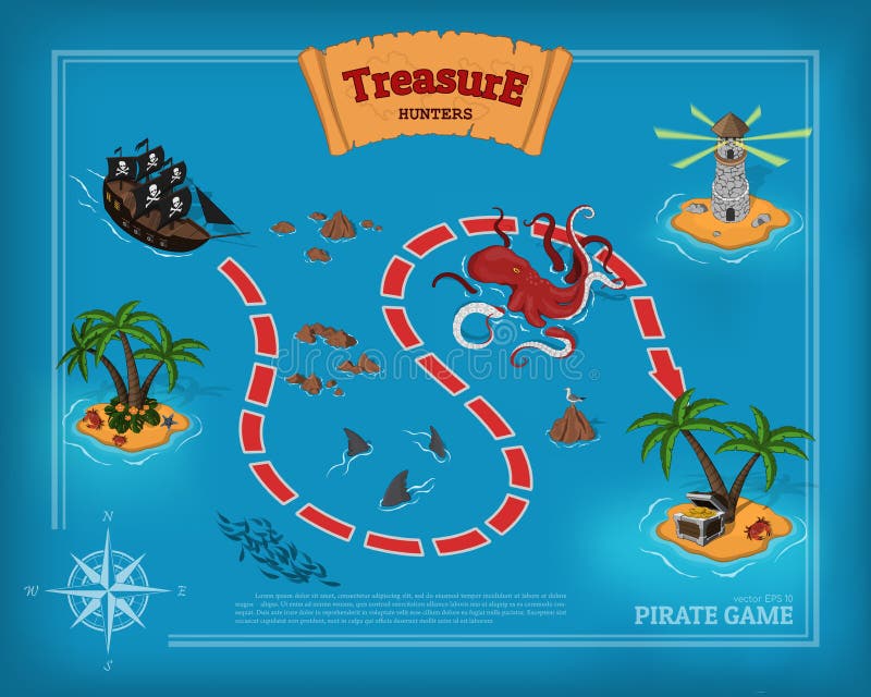 Gioco del pirata nello stile del fumetto Vista sul mare con un'immagine di percorso Interfaccia mobile con l'isola ed i mostri ma illustrazione di stock