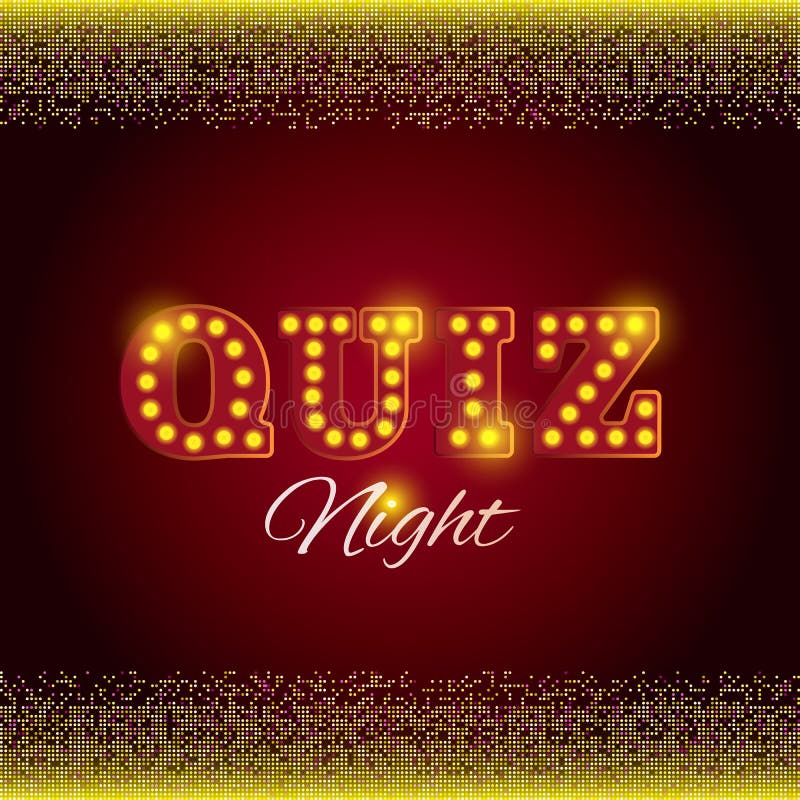 Words trivia night made of light box letters. Trivia game or quiz show background with light bulbs, vector illustration for announcement poster. Words trivia night made of light box letters. Trivia game or quiz show background with light bulbs, vector illustration for announcement poster