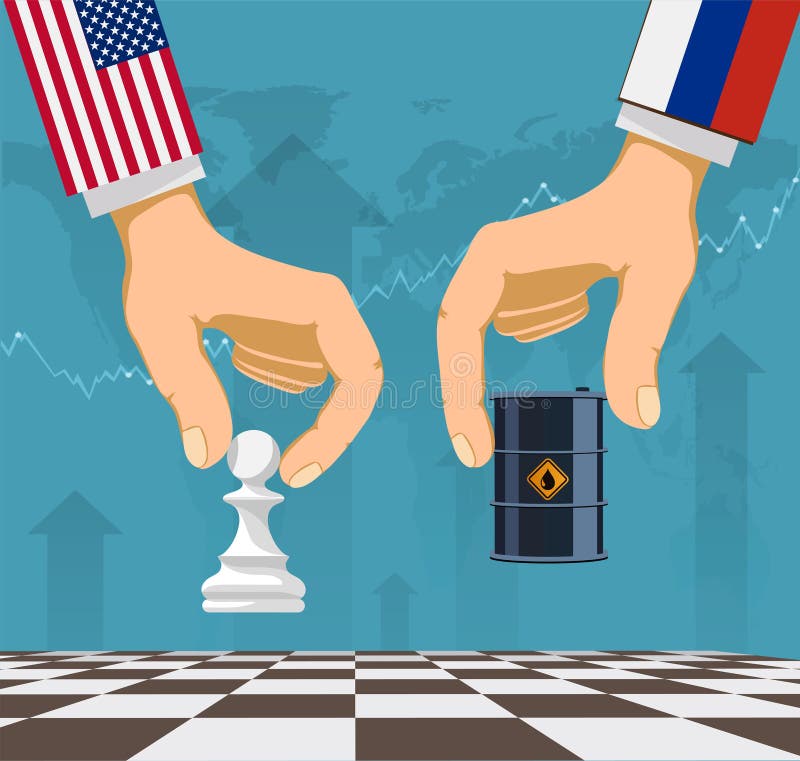 Chess game between the Russian Federation and the USA. Trade war and sanctions in global oil business. vector illustration. Chess game between the Russian Federation and the USA. Trade war and sanctions in global oil business. vector illustration