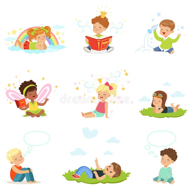 Gioco e sogno di bambini felici ed adorabili Illustrazioni variopinte dettagliate del fumetto illustrazione vettoriale Gioco e sogno di bambini felici ed adorabili Illustrazioni variopinte dettagliate del fumetto illustrazione vettoriale