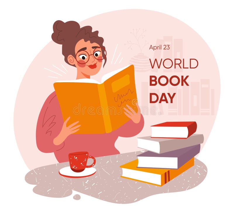 Giornata mondiale della letteratura o dell'alfabetizzazione. Una donna intelligente che legge un libro con gli occhiali. Illustraz royalty illustrazione gratis