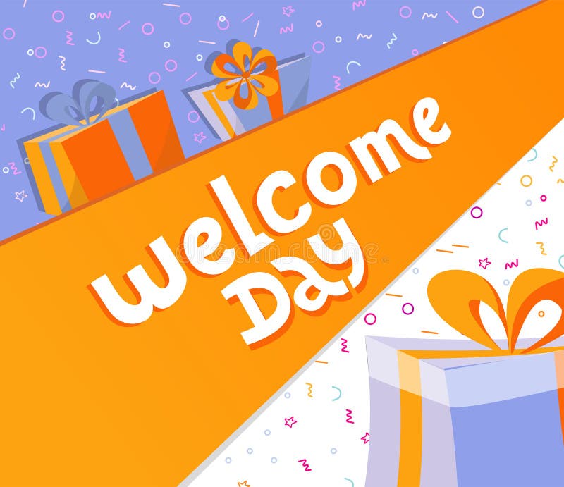 Giorno benvenuto che segna insegna con lettere quadrata con i contenitori di regalo Illustrazione disegnata a mano nera di tipogr royalty illustrazione gratis Giorno benvenuto che segna insegna con lettere quadrata con i contenitori di regalo Illustrazione disegnata a mano nera di tipogr royalty illustrazione gratis
