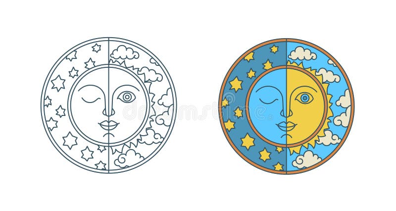 Giorno dell'equinozio di primavera e dell'equinozio di autunno Sole e Luna con facce sullo sfondo di nuvole e stelle Piatta di li illustrazione vettoriale Giorno dell'equinozio di primavera e dell'equinozio di autunno Sole e Luna con facce sullo sfondo di nuvole e stelle Piatta di li illustrazione vettoriale