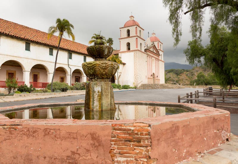 Reflection of Mission Santa Barbara in California exterior on stormy day with clouds. Reflection of Mission Santa Barbara in California exterior on stormy day with clouds