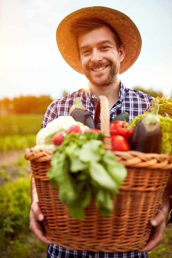 Giovane agricoltore con il canestro pieno delle verdure fotografia stock Giovane agricoltore con il canestro pieno delle verdure fotografia stock