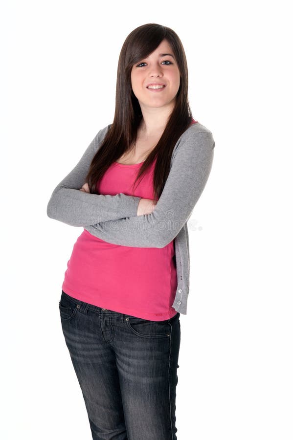Giovane allegro femminile con le braccia ha attraversato isolato fotografia stock Giovane allegro femminile con le braccia ha attraversato isolato fotografia stock