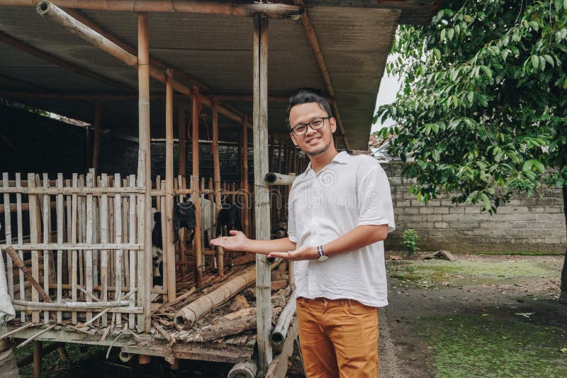 Giovane asiatico eccitato di fronte alla gabbia tradizionale fatta di legno e bambù nella zona rurale indonesiana con capra all'in fotografia stock