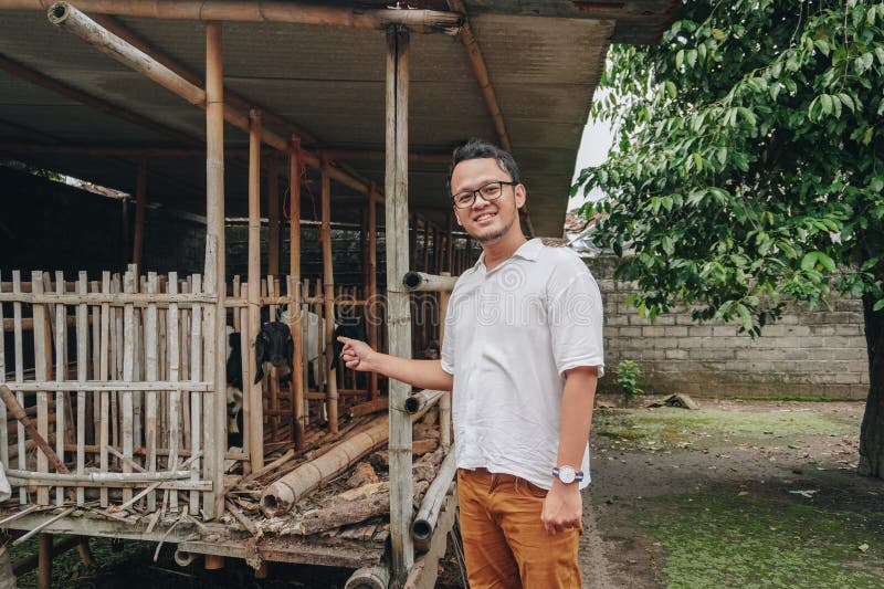 Giovane asiatico eccitato di fronte alla gabbia tradizionale fatta di legno e bambù nella zona rurale indonesiana con capra all'in fotografia stock