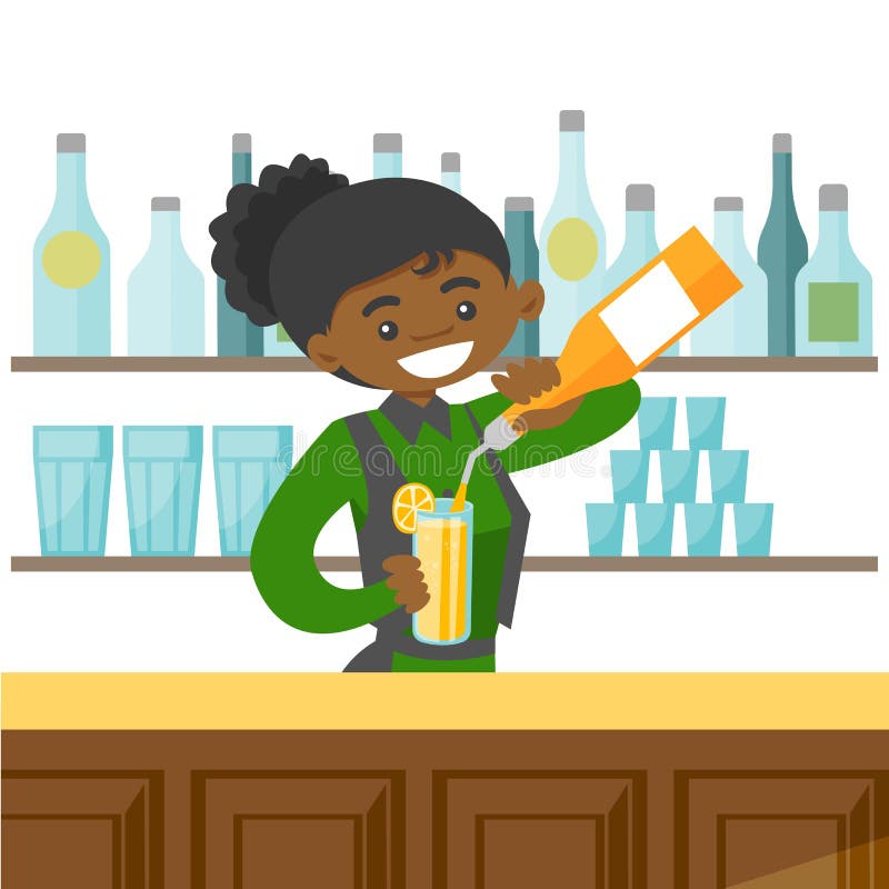 Giovane barista afroamericano che fa un cocktail illustrazione vettoriale Giovane barista afroamericano che fa un cocktail illustrazione vettoriale
