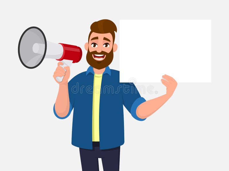 Giovane che tengono un megafono o un altoparlante & mostrare/che visualizza spazio in bianco, manifesto bianco vuoto, strato, car illustrazione di stock Giovane che tengono un megafono o un altoparlante & mostrare/che visualizza spazio in bianco, manifesto bianco vuoto, strato, car illustrazione di stock