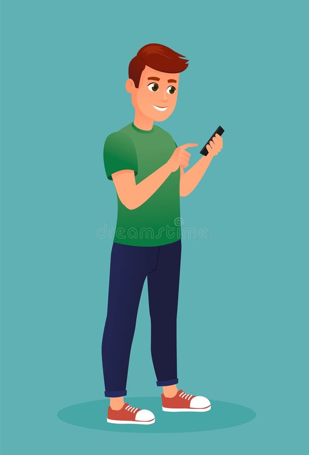 Giovane con un telefono su un fondo blu illustrazione di stock Giovane con un telefono su un fondo blu illustrazione di stock