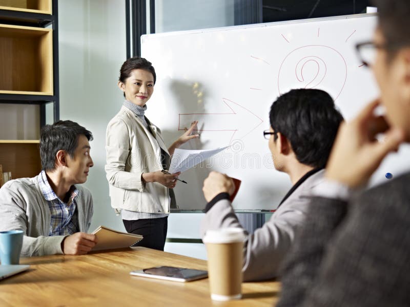 Young asian business executive facilitating a discussion or brainstorm session in meeting room. Young asian business executive facilitating a discussion or brainstorm session in meeting room.