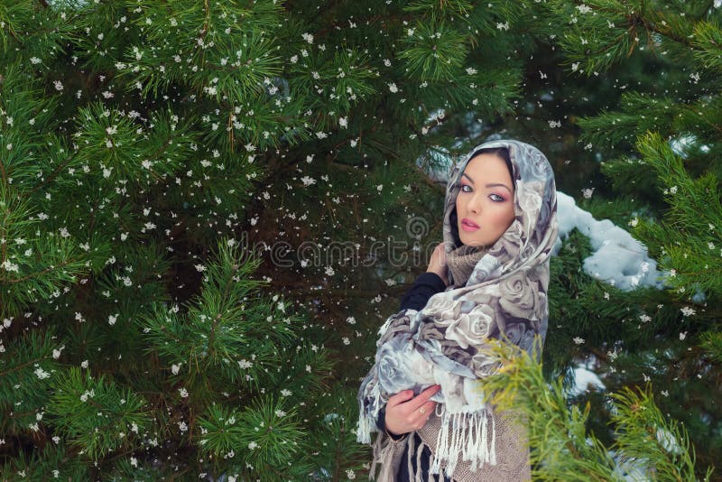 Giovane donna attraente con una sciarpa sulla sua testa nella foresta vicino agli abeti, caduta di inverno della neve fotografia stock