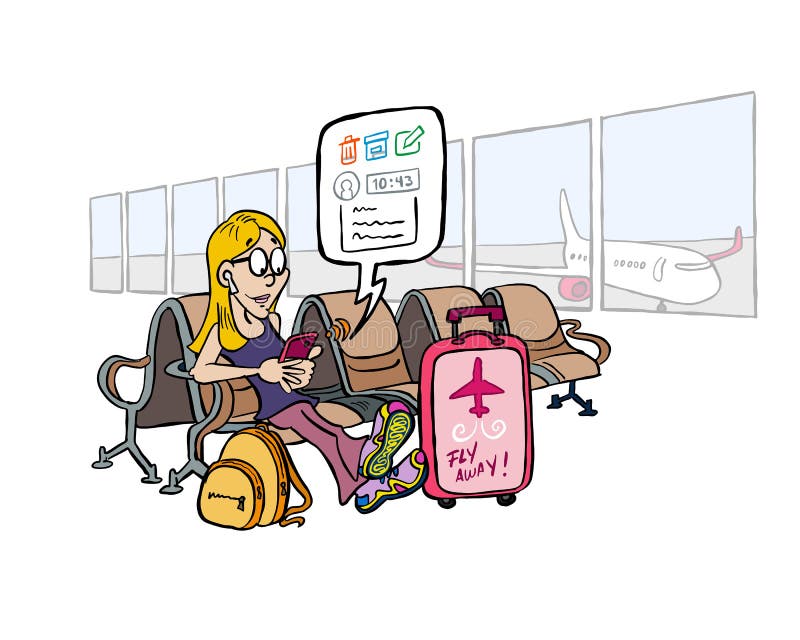 Giovane donna bionda che controlla i email al salotto dell'aeroporto illustrazione vettoriale Giovane donna bionda che controlla i email al salotto dell'aeroporto illustrazione vettoriale