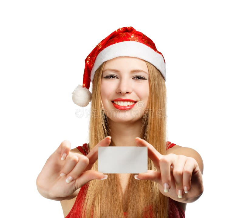 Auguri Di Natale Lunghi.Giovane Donna In Cappello Del Babbo Natale Con La Cartolina D Auguri Di Natale Fotografia Stock Immagine Di Sguardo Background 35322922