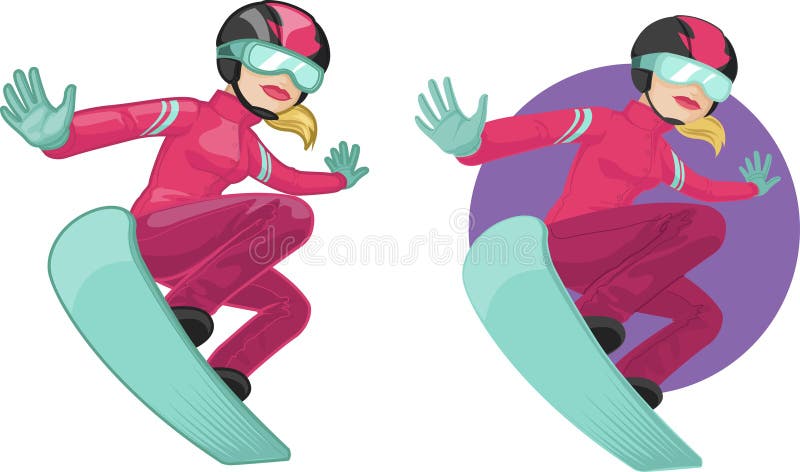 Giovane donna caucasica sveglia sullo snowboard illustrazione vettoriale Giovane donna caucasica sveglia sullo snowboard illustrazione vettoriale