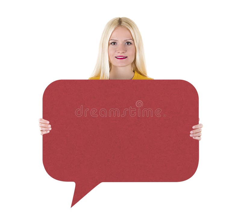Young woman holding speech bubble red banner. Young woman holding speech bubble red banner