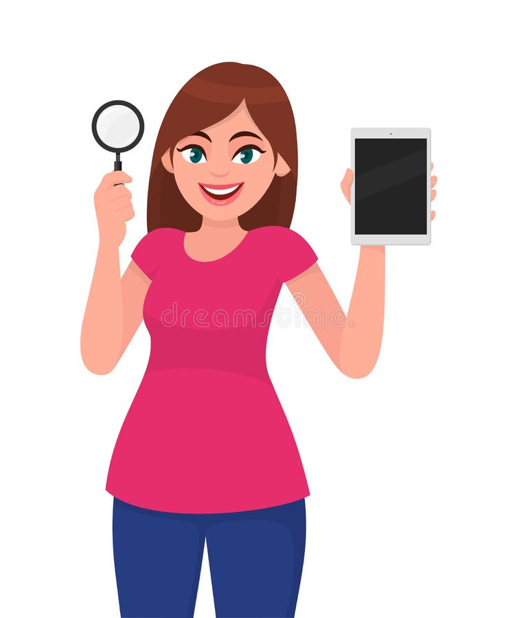 Giovane donna con lente di ingrandimento Ragazza che mostra un nuovo tablet digitale Femmina illustrazione della progettazione de royalty illustrazione gratis