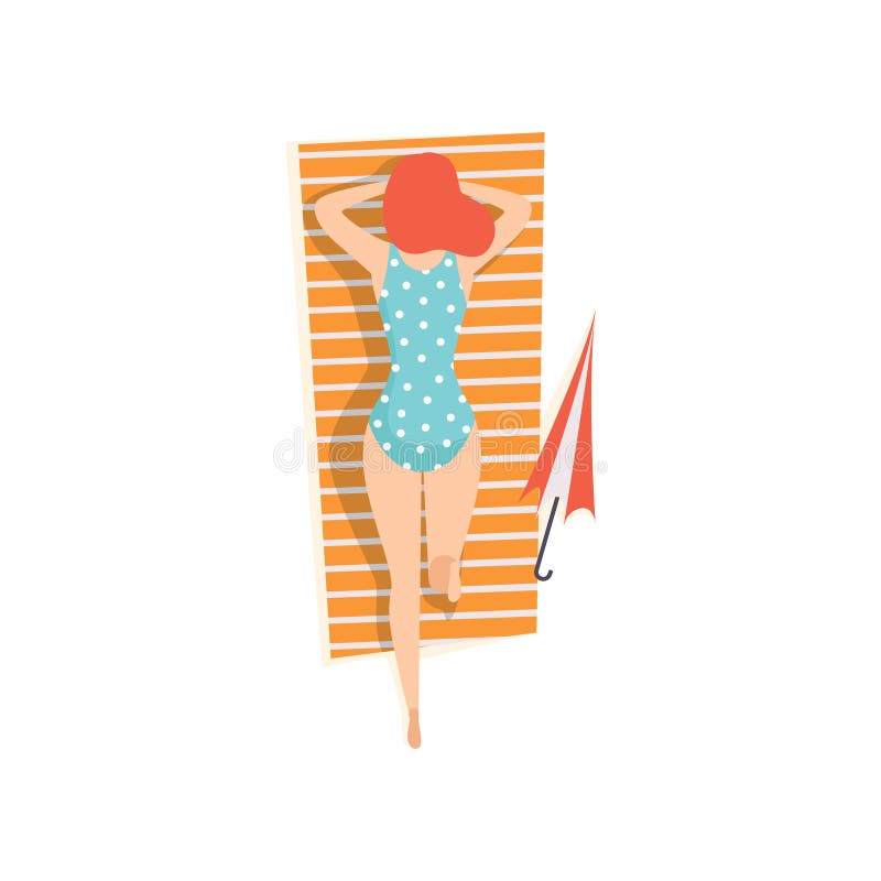 Giovane donna in costume da bagno blu che si trova sul suo stomaco e che prende il sole sulla spiaggia, illustrazione di vettore royalty illustrazione gratis Giovane donna in costume da bagno blu che si trova sul suo stomaco e che prende il sole sulla spiaggia, illustrazione di vettore royalty illustrazione gratis
