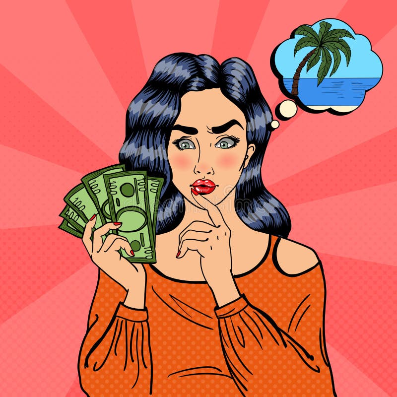 Giovane donna graziosa con soldi Ragazza che pensa come spendere soldi Pop art royalty illustrazione gratis Giovane donna graziosa con soldi Ragazza che pensa come spendere soldi Pop art royalty illustrazione gratis