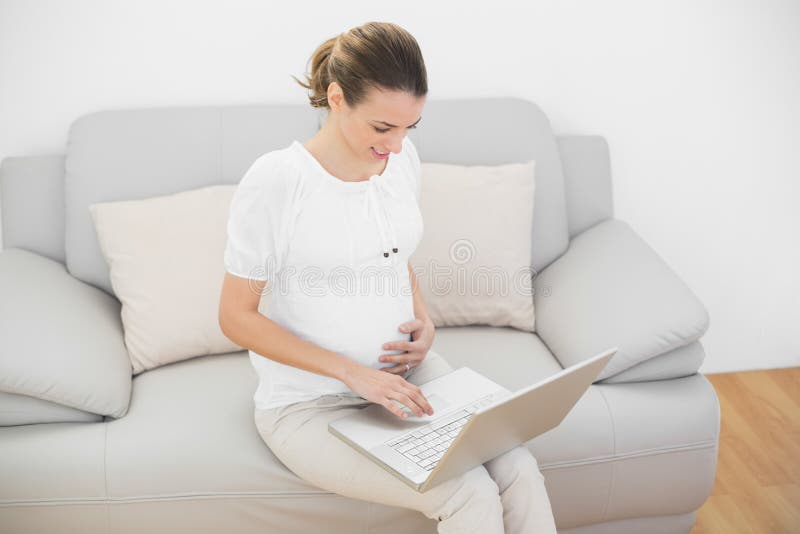 Giovane donna incinta pacifica che lavora con il suo computer portatile che si siede sullo strato fotografia stock Giovane donna incinta pacifica che lavora con il suo computer portatile che si siede sullo strato fotografia stock