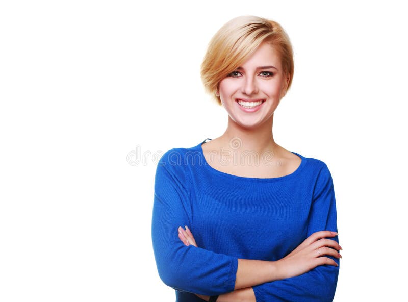 Giovane donna sicura con le armi piegate isolate immagini stock Giovane donna sicura con le armi piegate isolate immagini stock