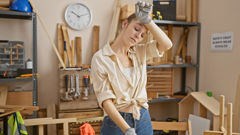 Giovane donna stanca in un laboratorio di legno con cartelli di sicurezza immagini stock libere da diritti