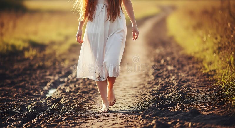 Giovane donna vestita di bianco che cammina a piedi nudi lungo un sentiero di terra. I capelli lunghi royalty illustrazione gratis