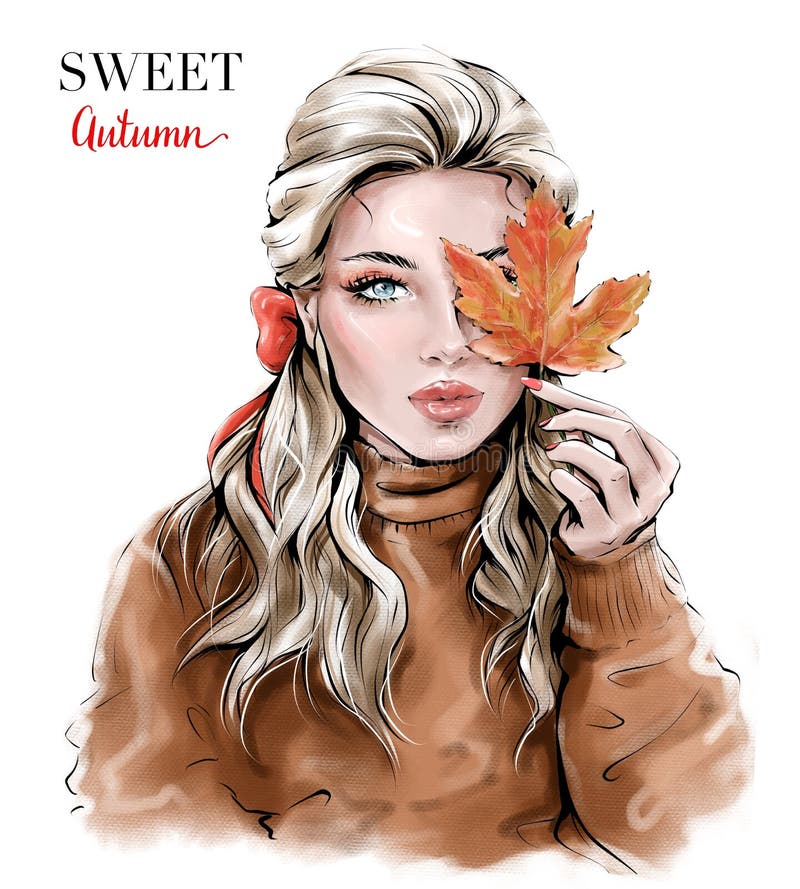Giovane e bella donna disegnata a mano con la foglia d'autunno Moda