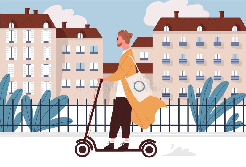Giovane felice che guida il motorino motorizzato o elettrico di scossa lungo la via della città Tipo sorridente dei pantaloni a v royalty illustrazione gratis Giovane felice che guida il motorino motorizzato o elettrico di scossa lungo la via della città Tipo sorridente dei pantaloni a v royalty illustrazione gratis