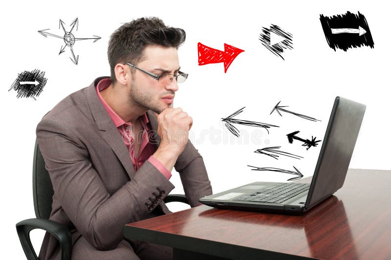 Giovane impiegato pensieroso che prova a risolvere un problema di business immagine stock Giovane impiegato pensieroso che prova a risolvere un problema di business immagine stock