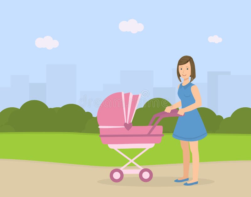 Giovane madre con il suo bambino nella camminata del passeggiatore all'aperto, donna che spinge carrozzina con il neonato sul vet illustrazione di stock Giovane madre con il suo bambino nella camminata del passeggiatore all'aperto, donna che spinge carrozzina con il neonato sul vet illustrazione di stock
