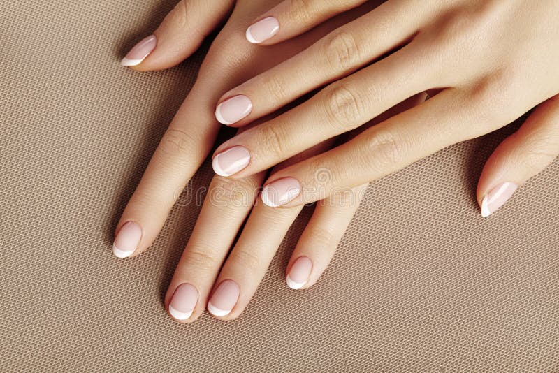 Giovane palma femminile Bello manicure di fascino Stile francese Smalto di chiodo Preoccupi per le mani e le unghie, pelle pulita immagini stock libere da diritti Giovane palma femminile Bello manicure di fascino Stile francese Smalto di chiodo Preoccupi per le mani e le unghie, pelle pulita immagini stock libere da diritti