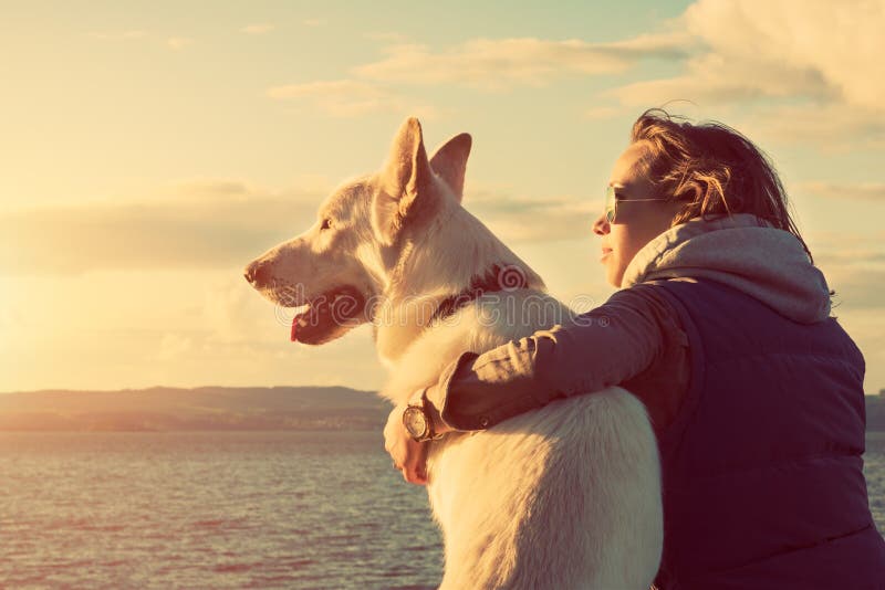 Giovane ragazza attraente con il suo cane di animale domestico ad una spiaggia
