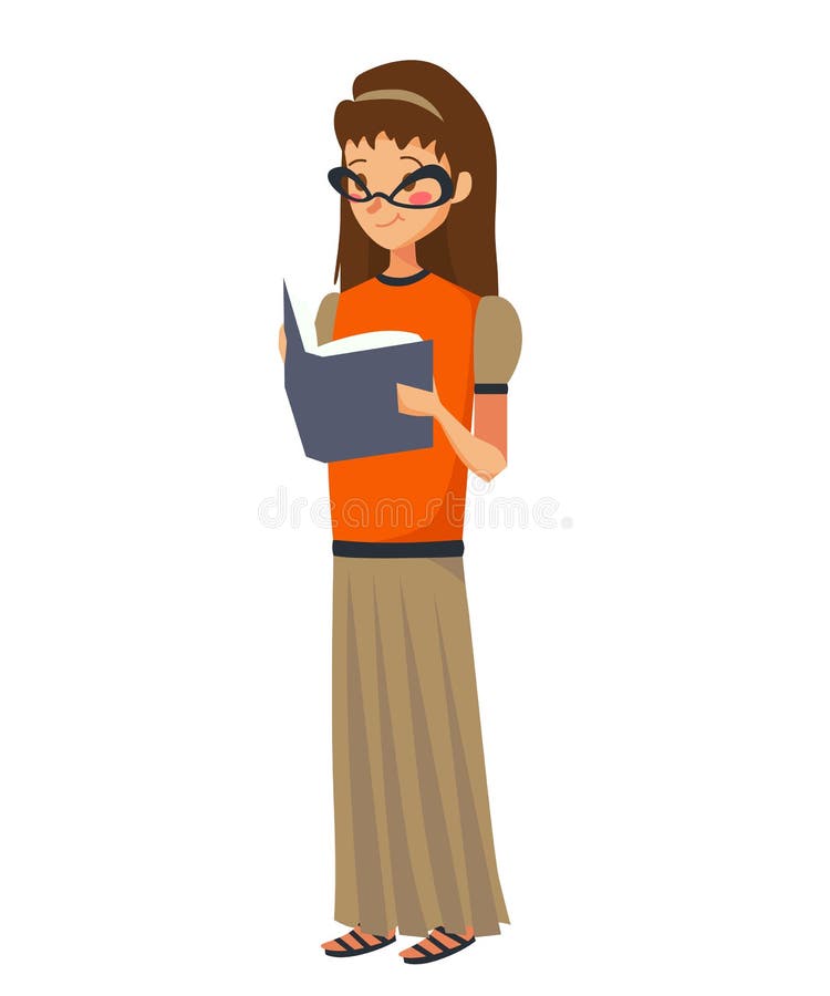 Giovane ragazza caucasica isolata che legge un'illustrazione di vettore del libro i vetri d'uso teenager, una blusa arancio e una illustrazione vettoriale Giovane ragazza caucasica isolata che legge un'illustrazione di vettore del libro i vetri d'uso teenager, una blusa arancio e una illustrazione vettoriale