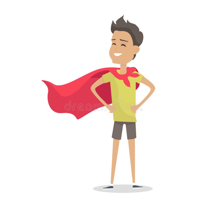 Giovane ragazzo nella posa del superman che porta un mantello rosso illustrazione vettoriale Giovane ragazzo nella posa del superman che porta un mantello rosso illustrazione vettoriale