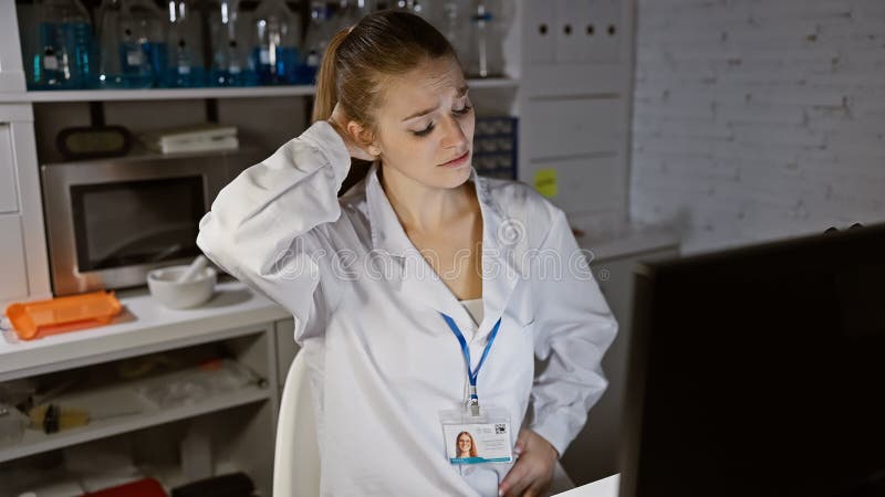 Giovane scienziata caucasica con dolore al collo in laboratorio immagini stock libere da diritti