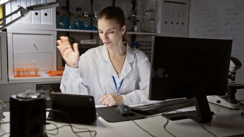 Giovane scienziata caucasica in gabbia da laboratorio impegnata in videochiamate in una postazione di laboratorio fotografia stock libera da diritti