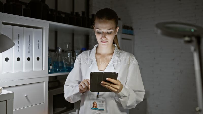 Giovane scienziata concentrata usa una compressa in un moderno laboratorio fotografie stock